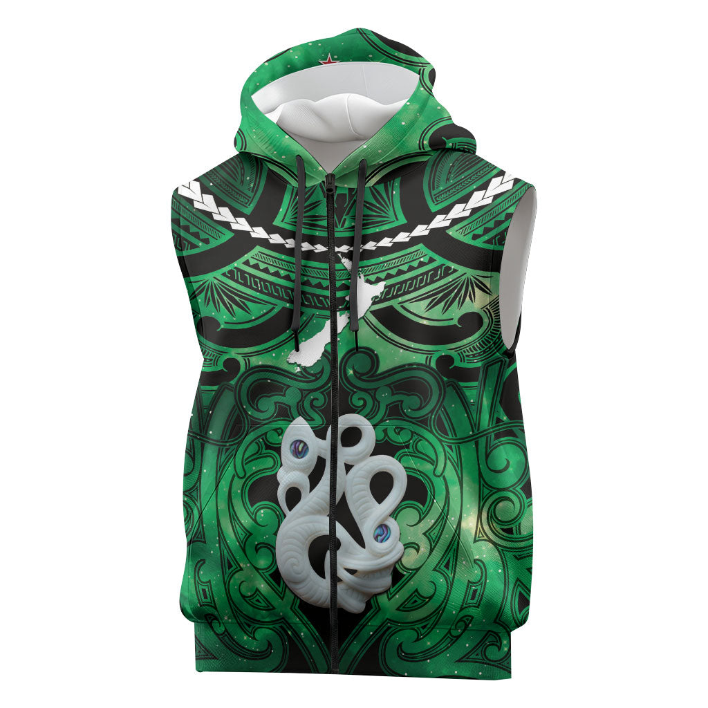 Personalised Maori Matariki Manaia Kakariki Sleeveless Zip Hoodie Maori Kowhaiwhai Pattern Galaxy LT01 Green - Polynesian Pride