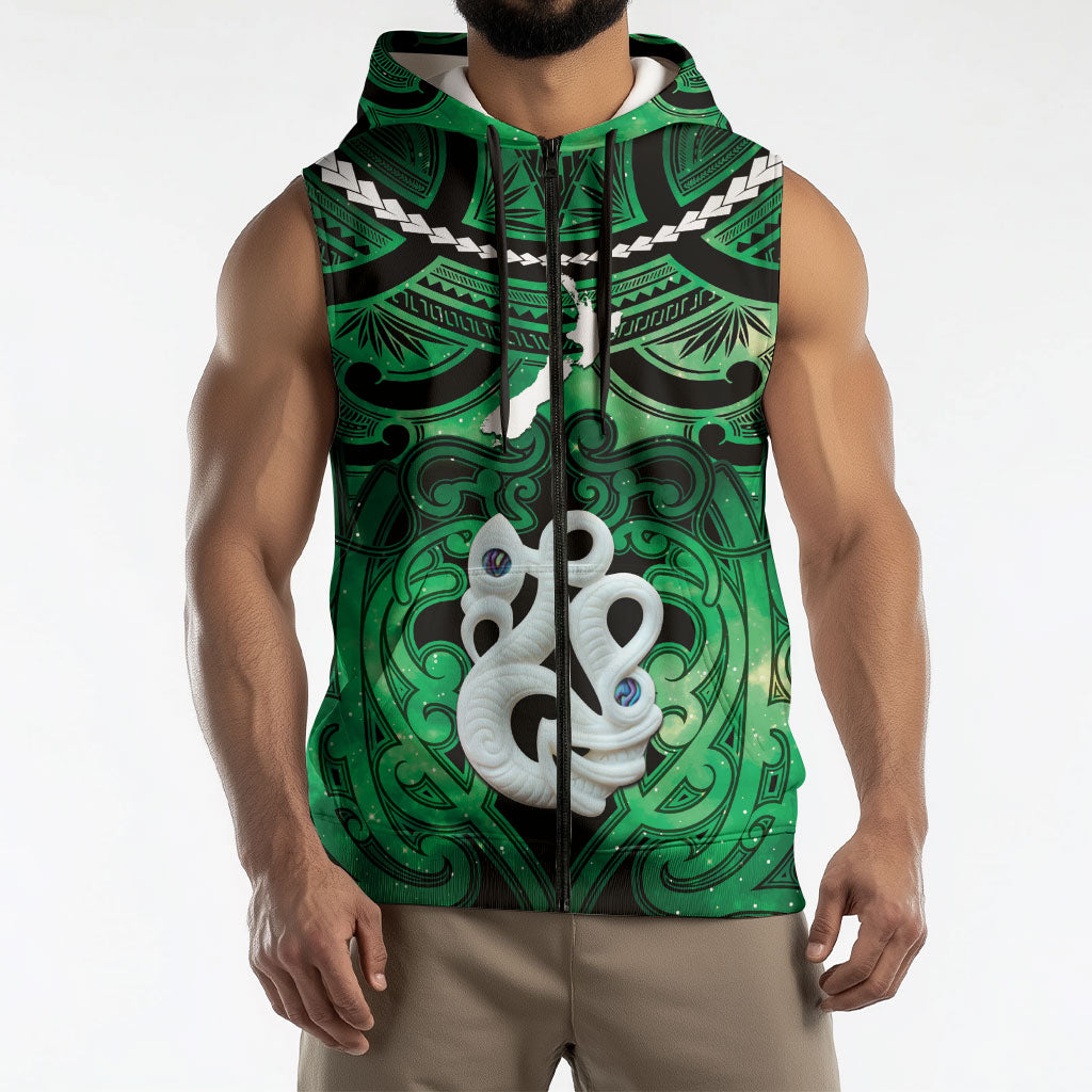 Personalised Maori Matariki Manaia Kakariki Sleeveless Zip Hoodie Maori Kowhaiwhai Pattern Galaxy LT01 - Polynesian Pride