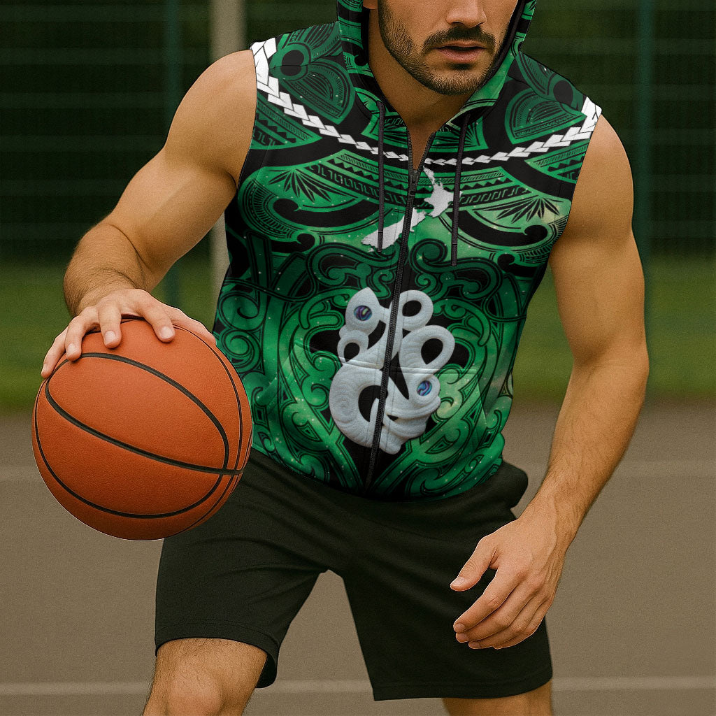 Personalised Maori Matariki Manaia Kakariki Sleeveless Zip Hoodie Maori Kowhaiwhai Pattern Galaxy LT01 - Polynesian Pride