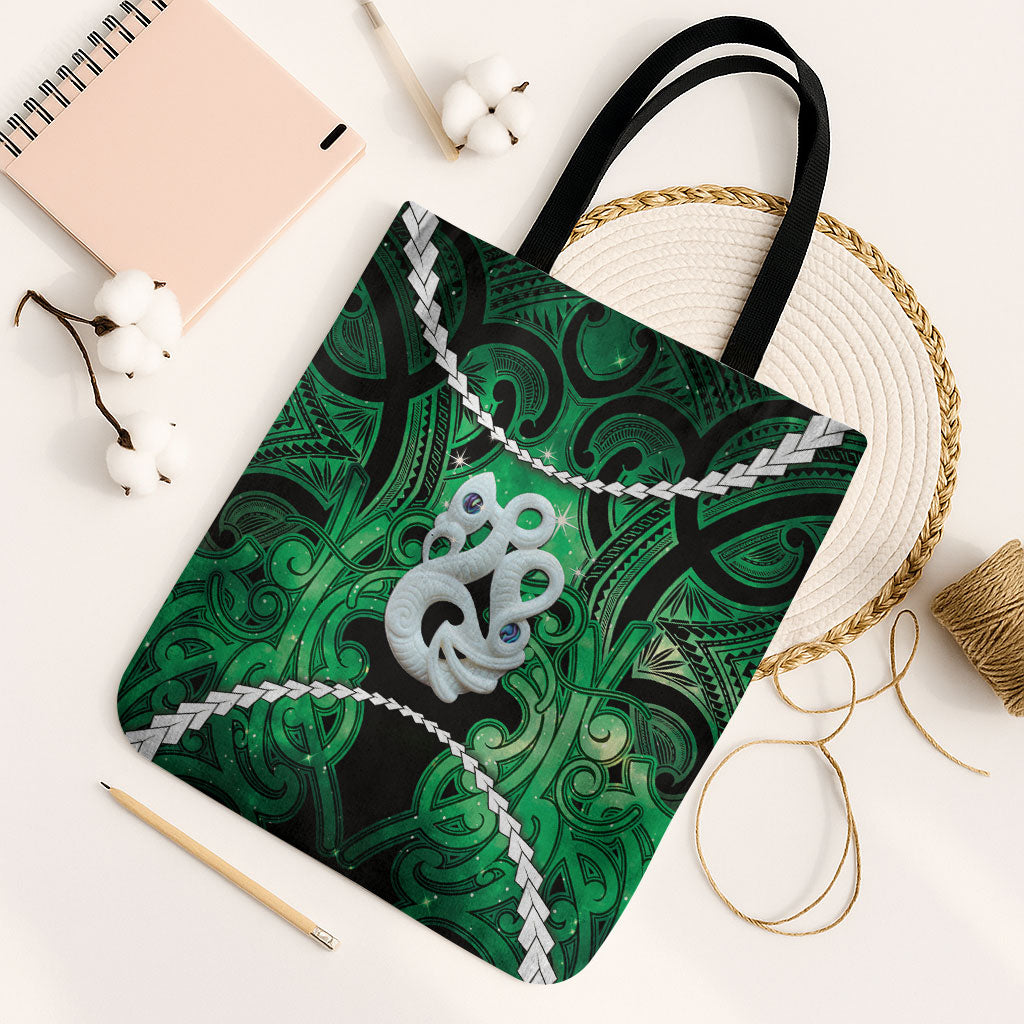 Maori Matariki Manaia Kakariki Tote Bag Maori Kowhaiwhai Pattern Galaxy LT01 Black Strap One Size Green - Polynesian Pride