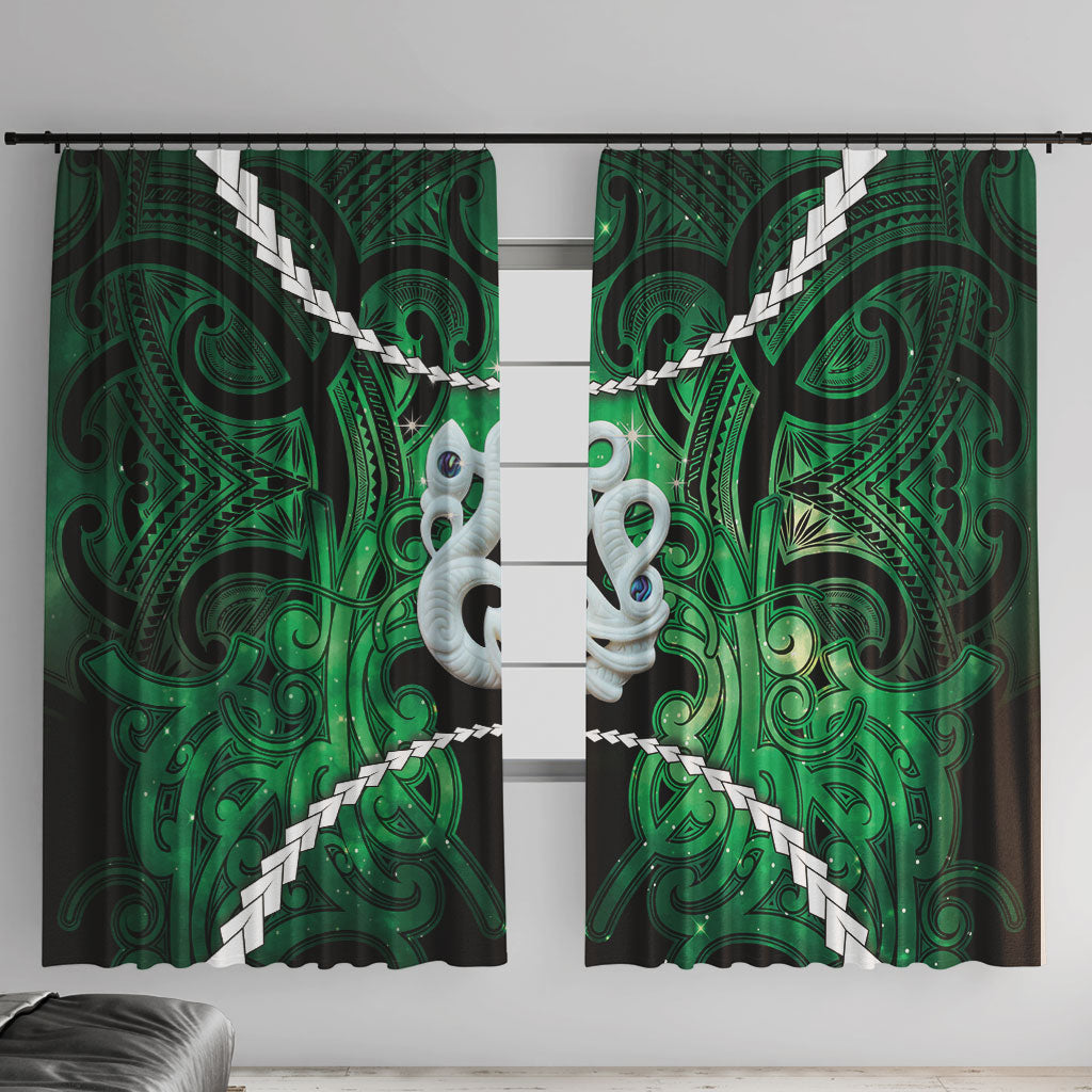 Maori Matariki Manaia Kakariki Window Curtain Maori Kowhaiwhai Pattern Galaxy LT01 With Hooks Green - Polynesian Pride