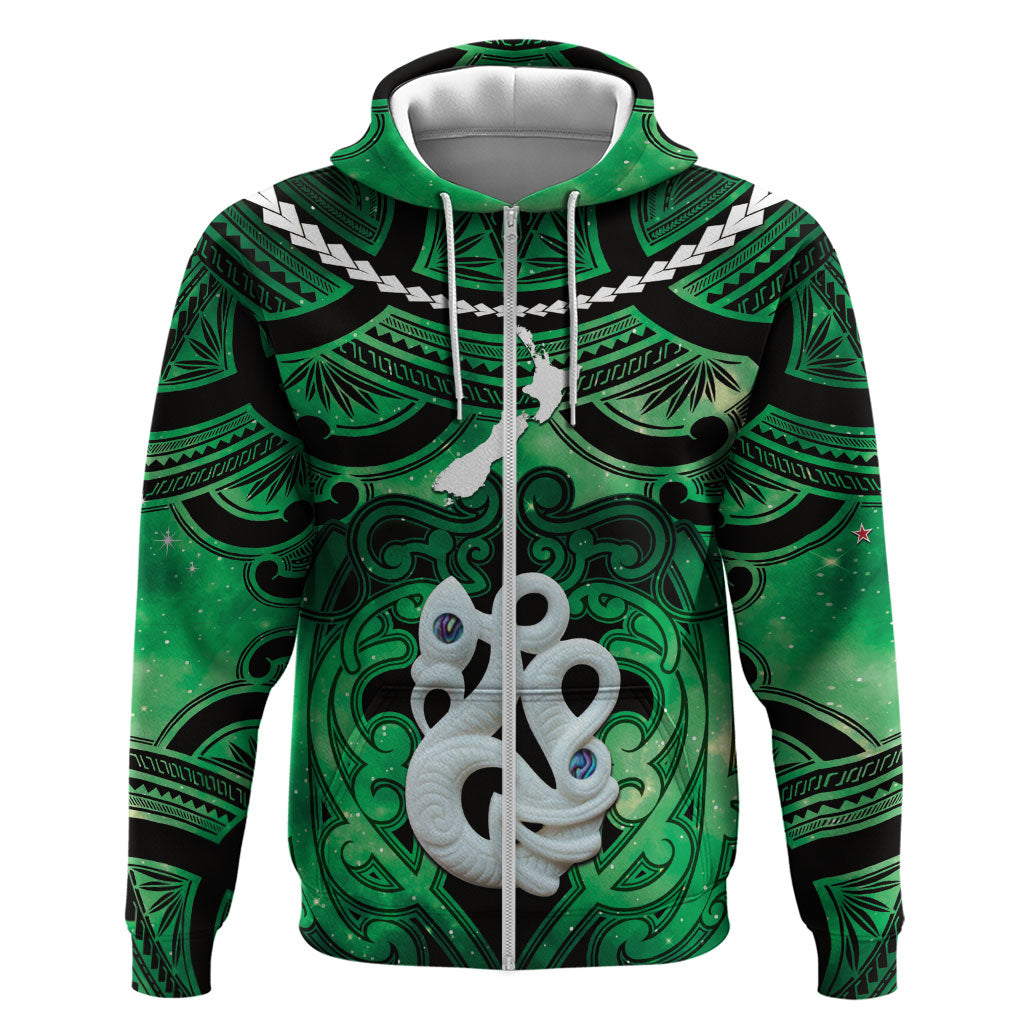 Personalised Maori Matariki Manaia Kakariki Zip Hoodie Maori Kowhaiwhai Pattern Galaxy LT01 Zip Hoodie Green - Polynesian Pride