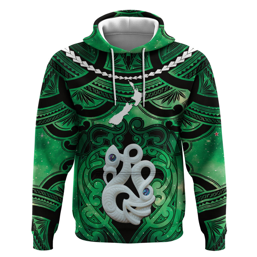 Personalised Maori Matariki Manaia Kakariki Zip Hoodie Maori Kowhaiwhai Pattern Galaxy LT01 Pullover Hoodie Green - Polynesian Pride