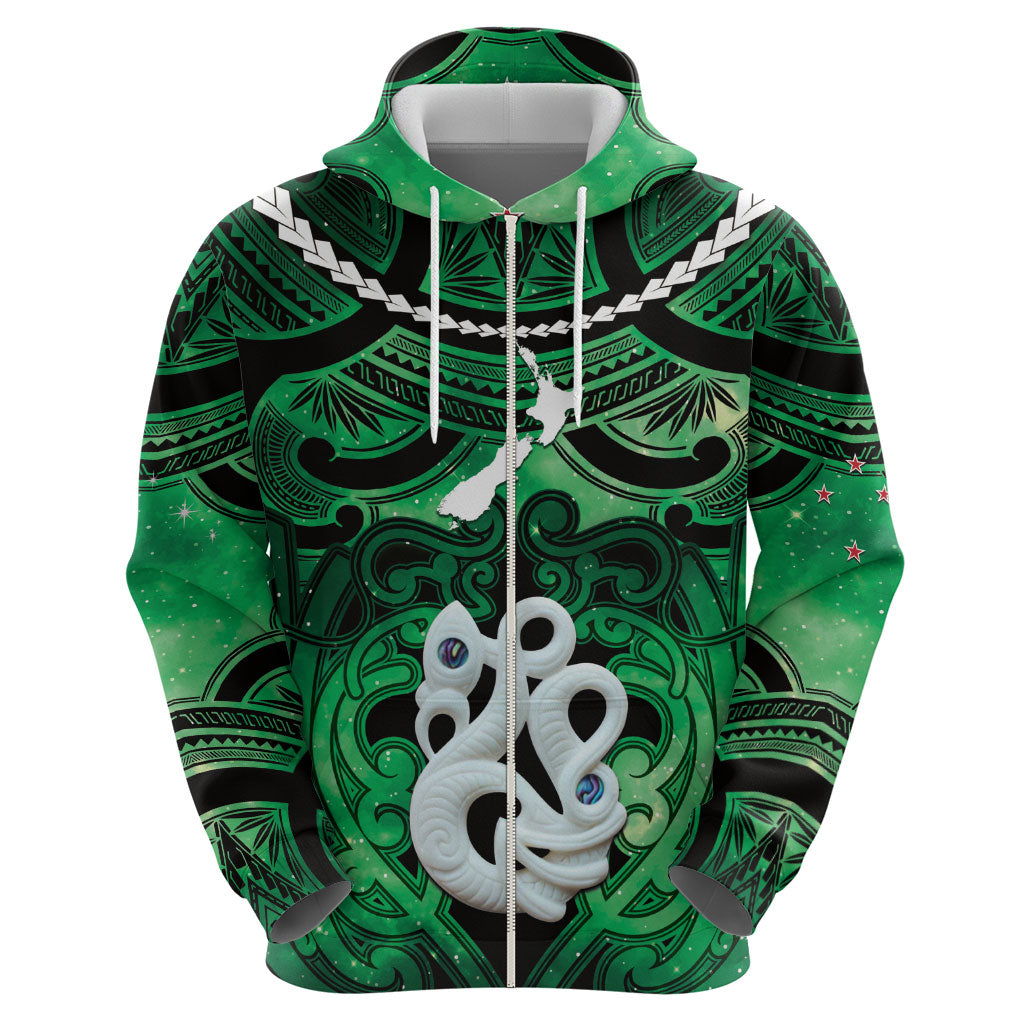 Personalised Maori Matariki Manaia Kakariki Zip Hoodie Maori Kowhaiwhai Pattern Galaxy LT01 - Polynesian Pride