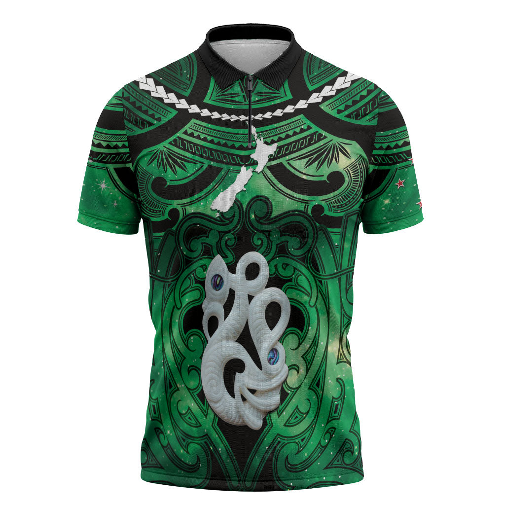 Personalised Maori Matariki Manaia Kakariki Zipper Polo Shirt Maori Kowhaiwhai Pattern Galaxy LT01 Green - Polynesian Pride