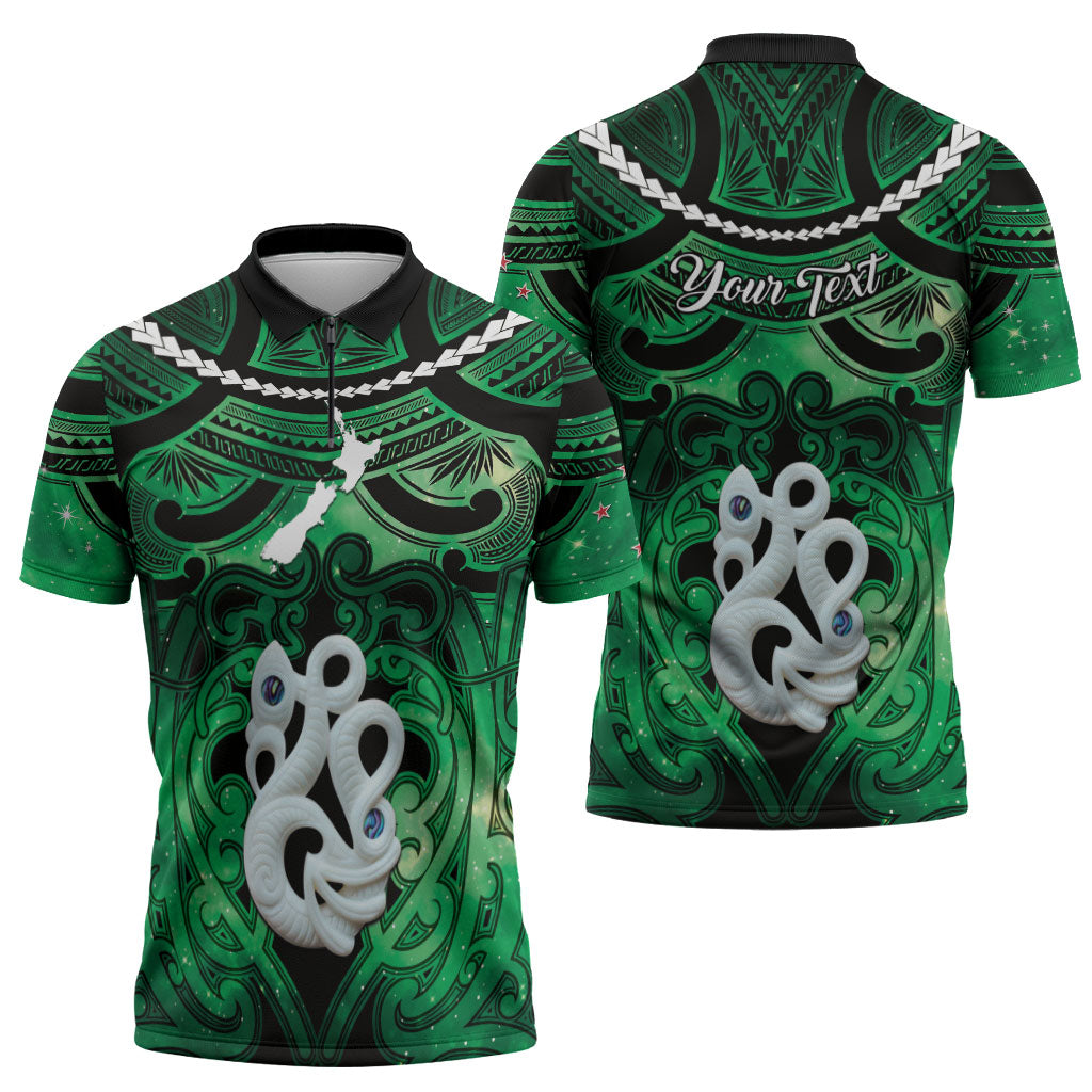 Personalised Maori Matariki Manaia Kakariki Zipper Polo Shirt Maori Kowhaiwhai Pattern Galaxy LT01 - Polynesian Pride