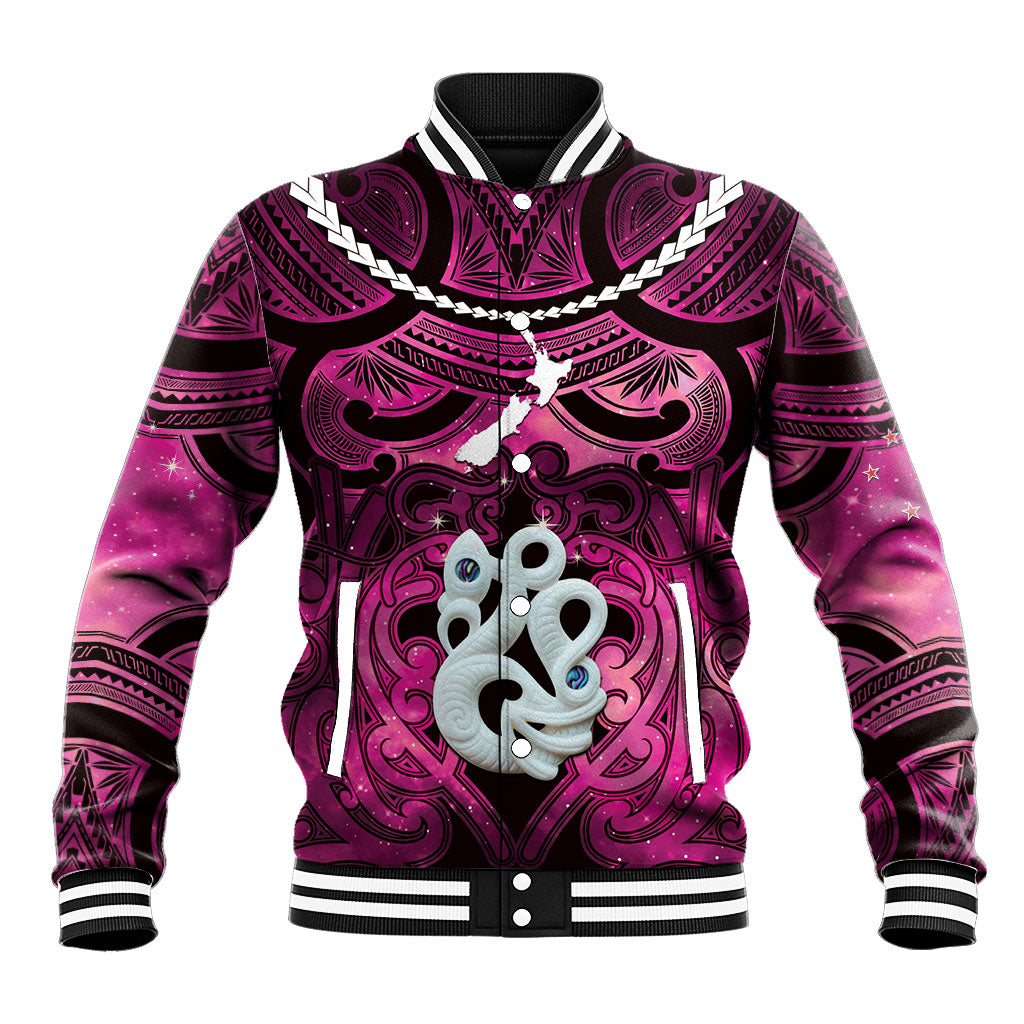 Personalised Maori Matariki Manaia Mawhero Baseball Jacket Maori Kowhaiwhai Pattern Galaxy LT01 Unisex Pink - Polynesian Pride