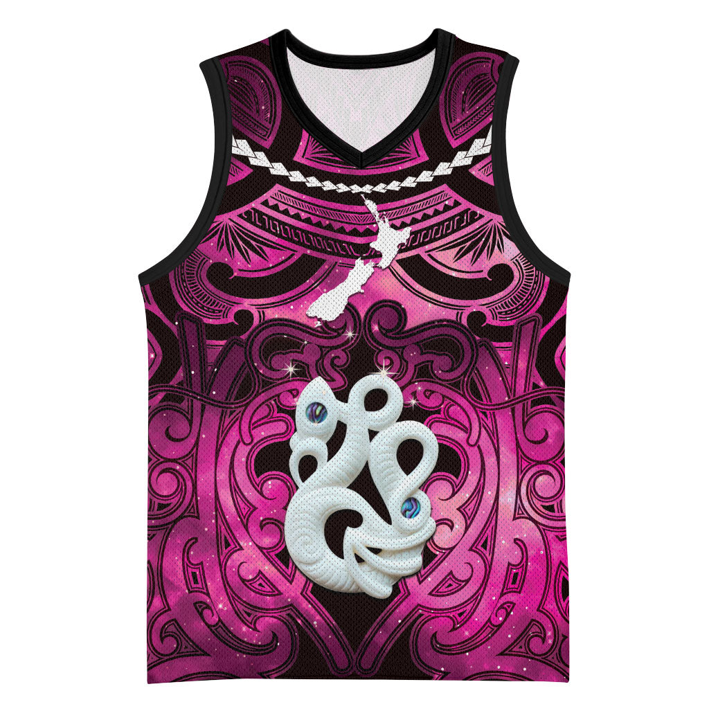Personalised Maori Matariki Manaia Mawhero Basketball Jersey Maori Kowhaiwhai Pattern Galaxy LT01 Unisex Pink - Polynesian Pride