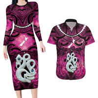 Personalised Maori Matariki Manaia Mawhero Couples Matching Long Sleeve Bodycon Dress and Hawaiian Shirt Maori Kowhaiwhai Pattern Galaxy