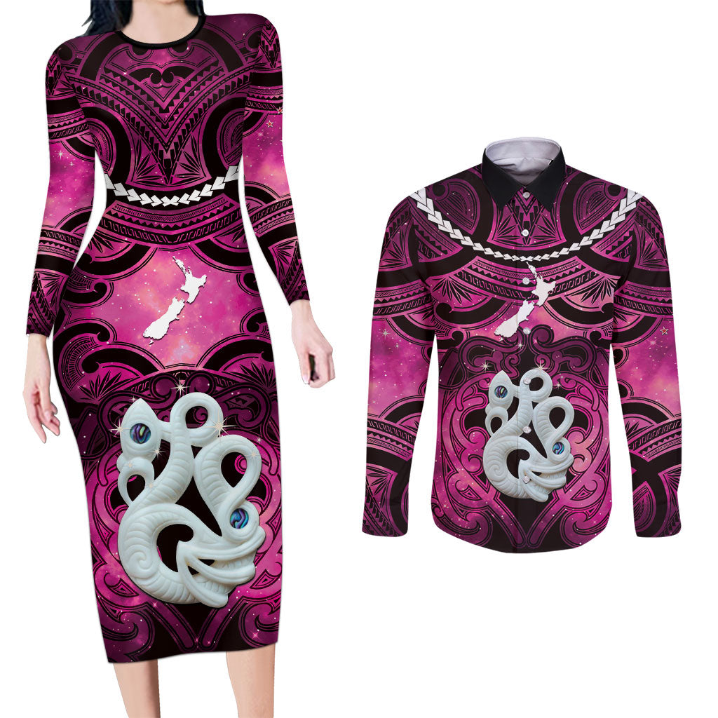 Personalised Maori Matariki Manaia Mawhero Couples Matching Long Sleeve Bodycon Dress and Long Sleeve Button Shirt Maori Kowhaiwhai Pattern Galaxy LT01 Pink - Polynesian Pride