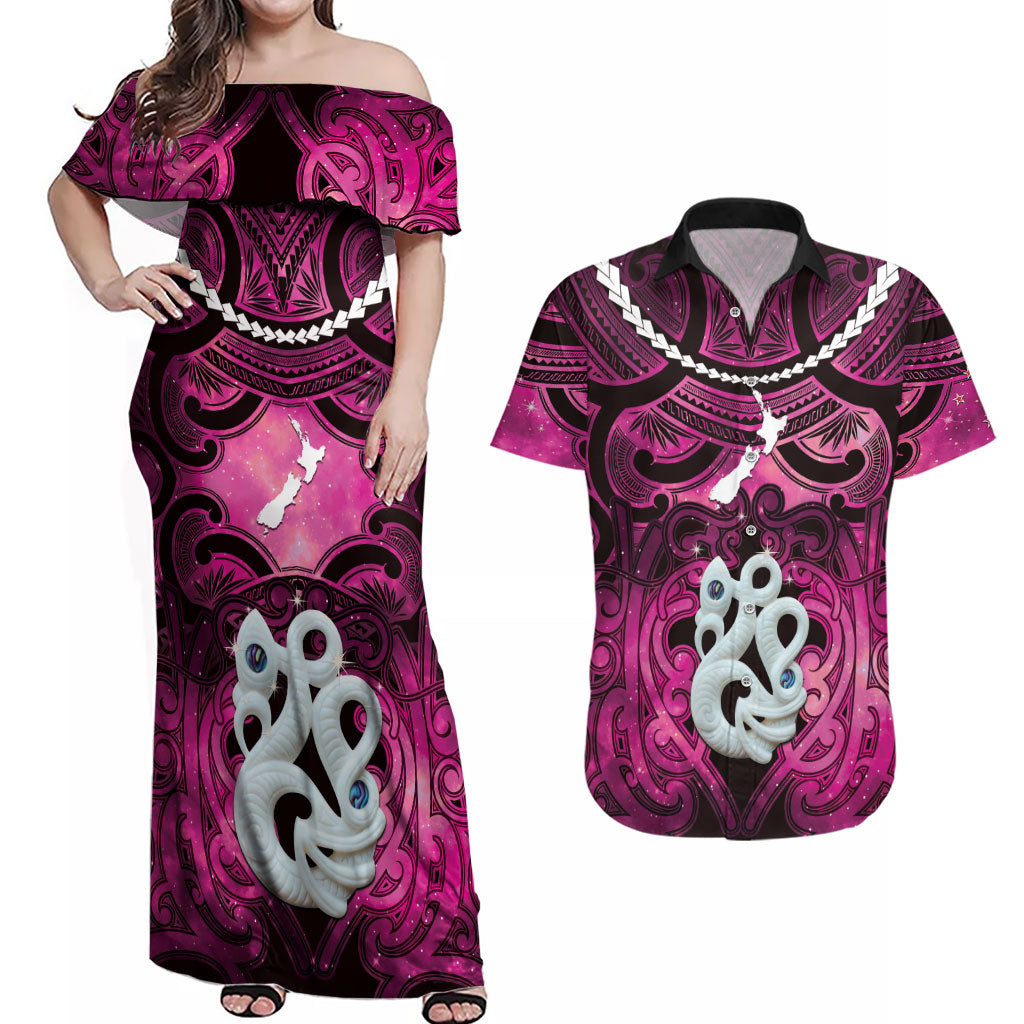 Personalised Maori Matariki Manaia Mawhero Couples Matching Off Shoulder Maxi Dress and Hawaiian Shirt Maori Kowhaiwhai Pattern Galaxy LT01 Pink - Polynesian Pride