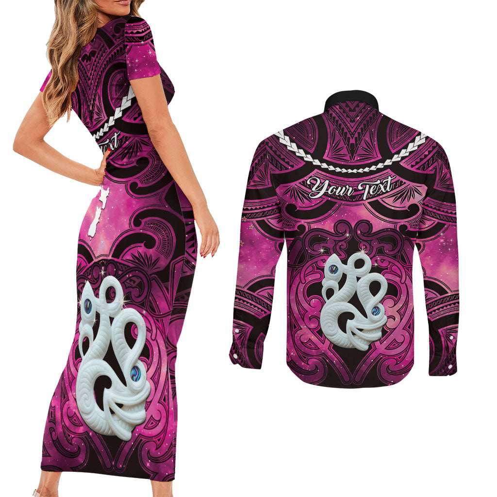 Personalised Maori Matariki Manaia Mawhero Couples Matching Short Sleeve Bodycon Dress and Long Sleeve Button Shirt Maori Kowhaiwhai Pattern Galaxy