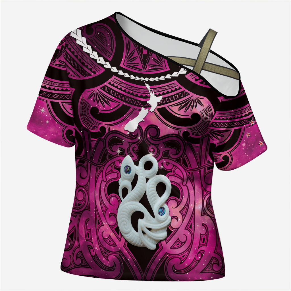 Personalised Maori Matariki Manaia Mawhero Cross Shoulder Shirt Maori Kowhaiwhai Pattern Galaxy LT01 Female Pink - Polynesian Pride