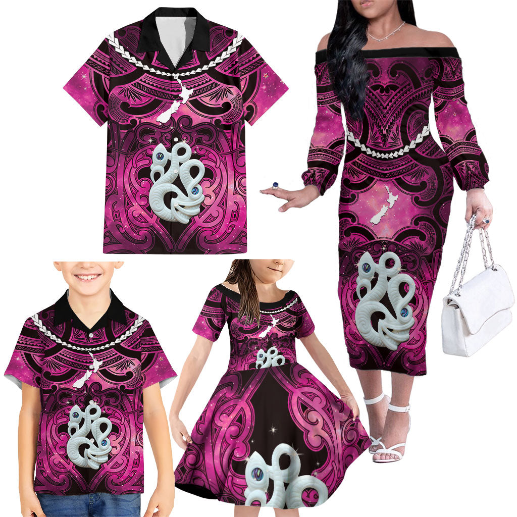Personalised Maori Matariki Manaia Mawhero Family Matching Off The Shoulder Long Sleeve Dress and Hawaiian Shirt Maori Kowhaiwhai Pattern Galaxy LT01 - Polynesian Pride