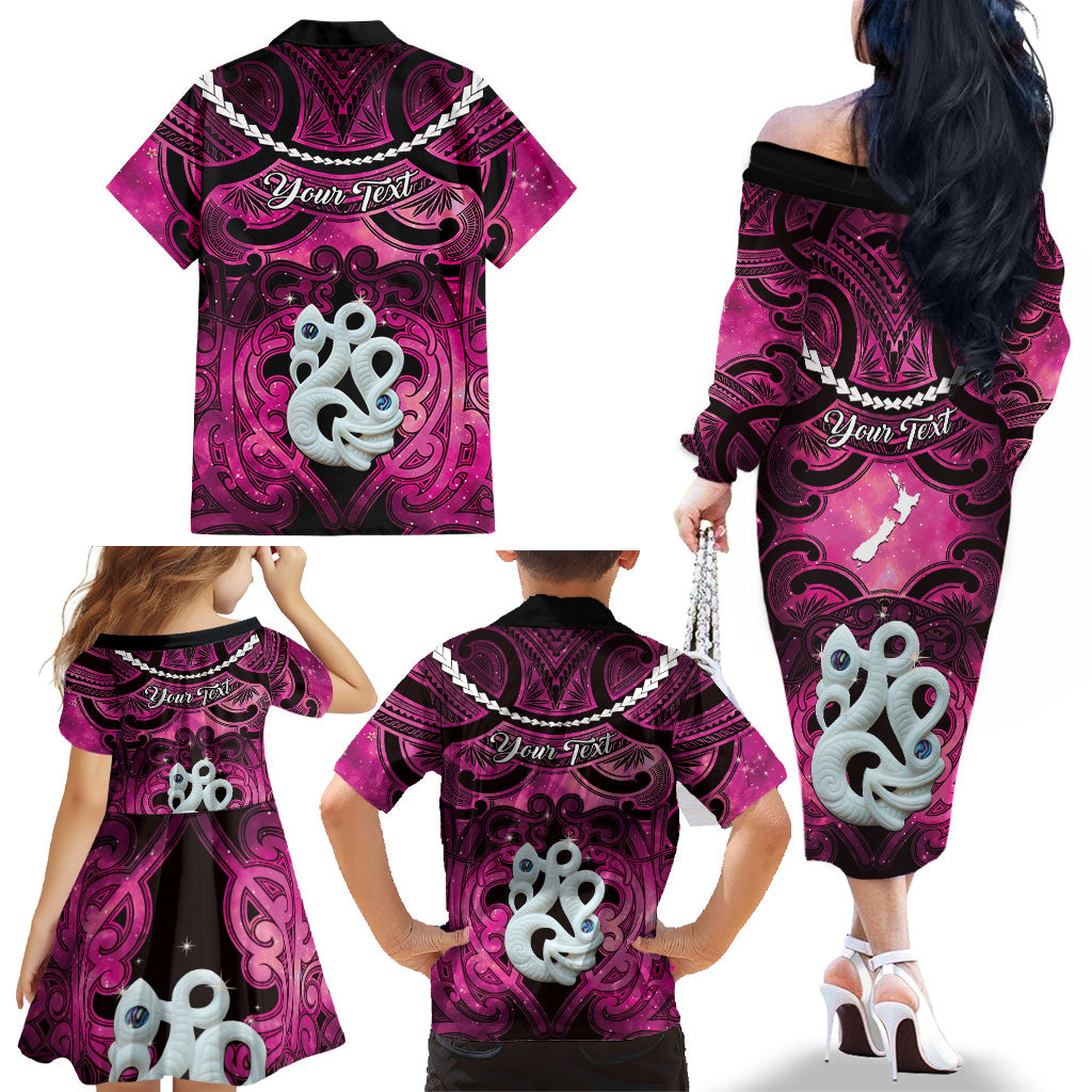 Personalised Maori Matariki Manaia Mawhero Family Matching Off The Shoulder Long Sleeve Dress and Hawaiian Shirt Maori Kowhaiwhai Pattern Galaxy
