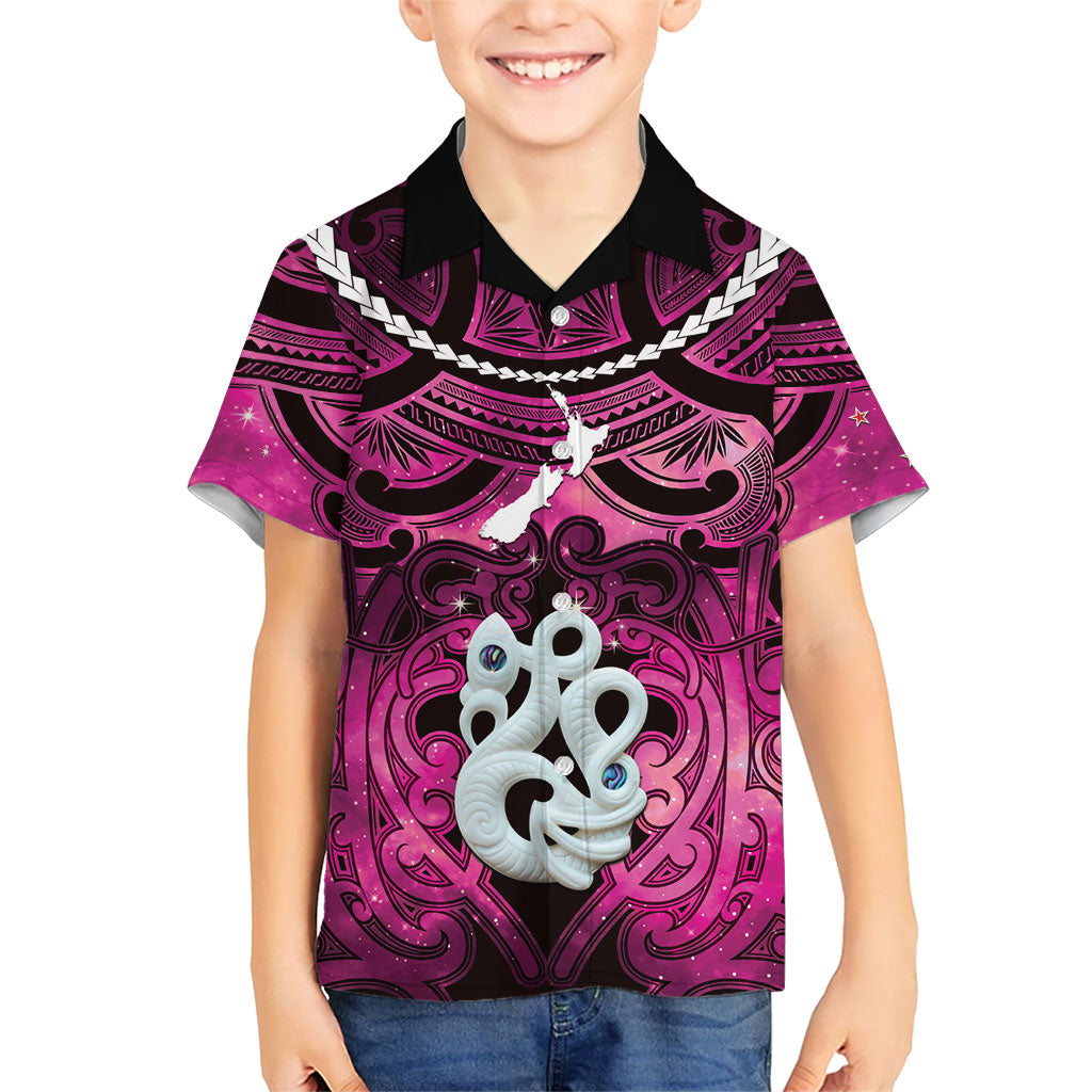 Personalised Maori Matariki Manaia Mawhero Family Matching Off Shoulder Short Dress and Hawaiian Shirt Maori Kowhaiwhai Pattern Galaxy