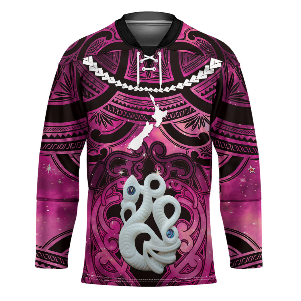 Personalised Maori Matariki Manaia Mawhero Hockey Jersey Maori Kowhaiwhai Pattern Galaxy LT01 Unisex Pink - Polynesian Pride