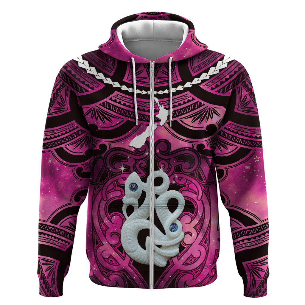 Personalised Maori Matariki Manaia Mawhero Hoodie Maori Kowhaiwhai Pattern Galaxy LT01 Zip Hoodie Pink - Polynesian Pride