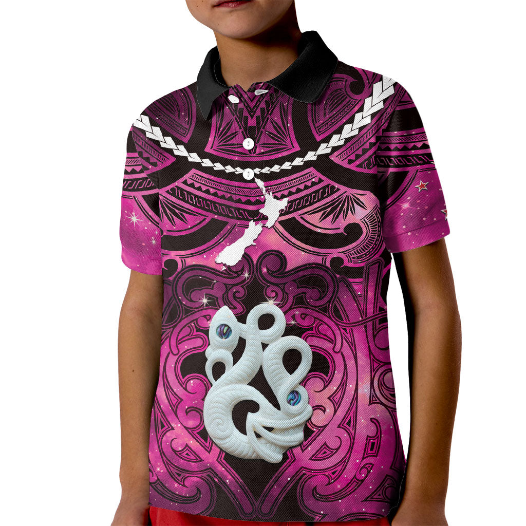 Personalised Maori Matariki Manaia Mawhero Kid Polo Shirt Maori Kowhaiwhai Pattern Galaxy LT01 Kid Pink - Polynesian Pride