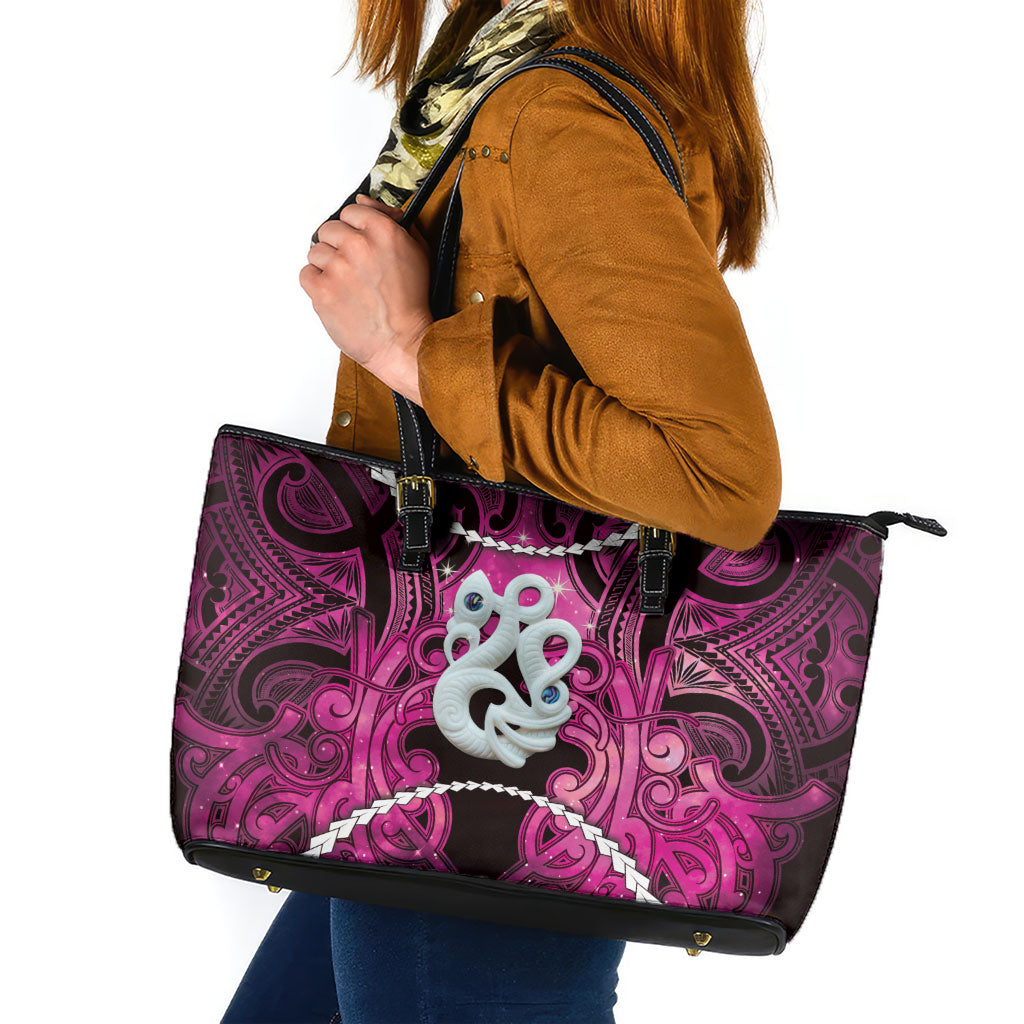 Maori Matariki Manaia Mawhero Leather Tote Bag Maori Kowhaiwhai Pattern Galaxy