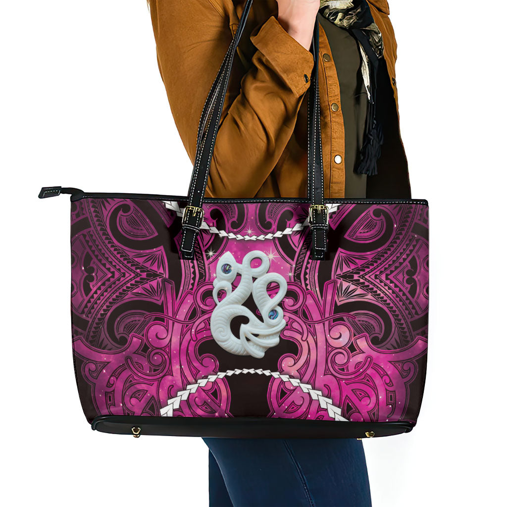 Maori Matariki Manaia Mawhero Leather Tote Bag Maori Kowhaiwhai Pattern Galaxy