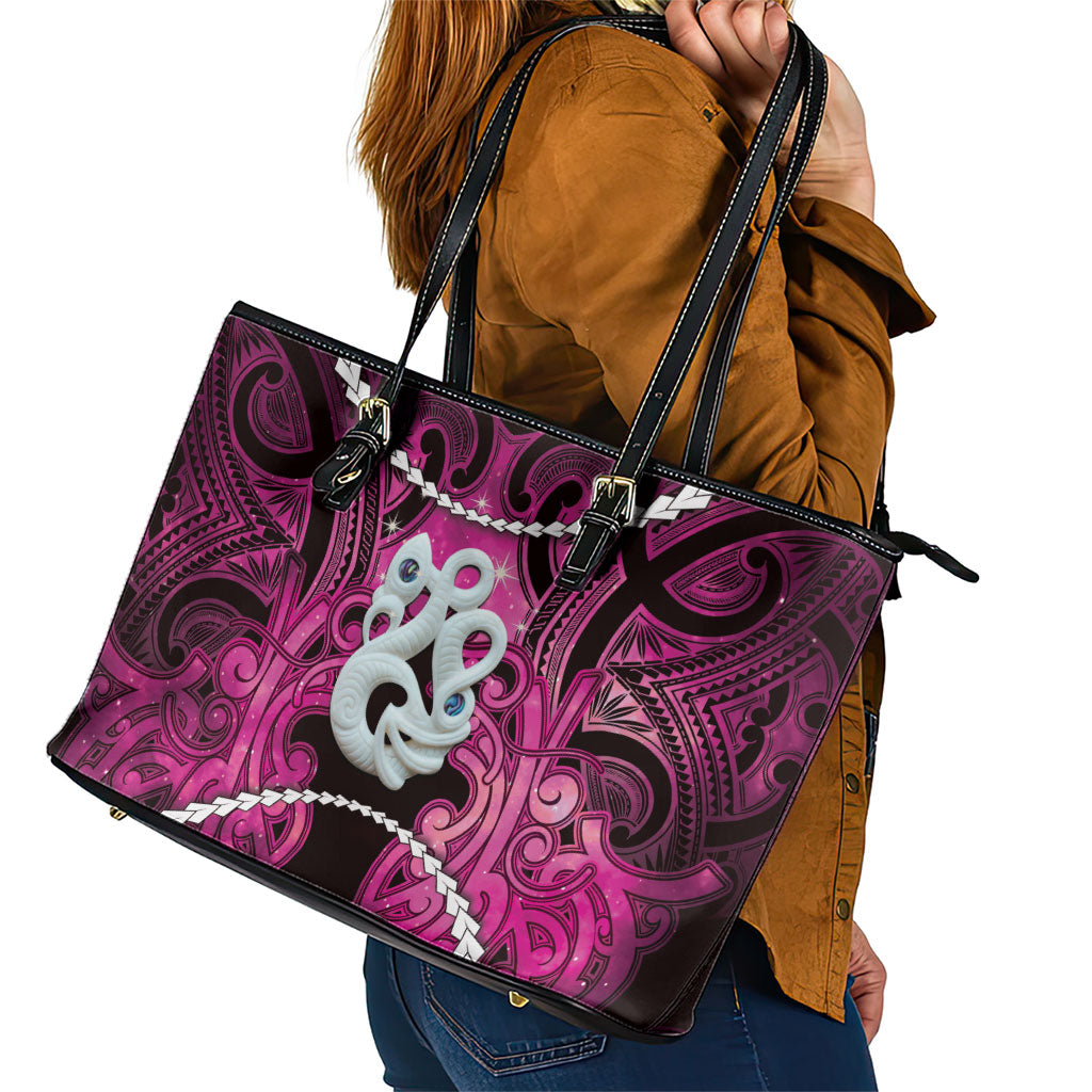 Maori Matariki Manaia Mawhero Leather Tote Bag Maori Kowhaiwhai Pattern Galaxy