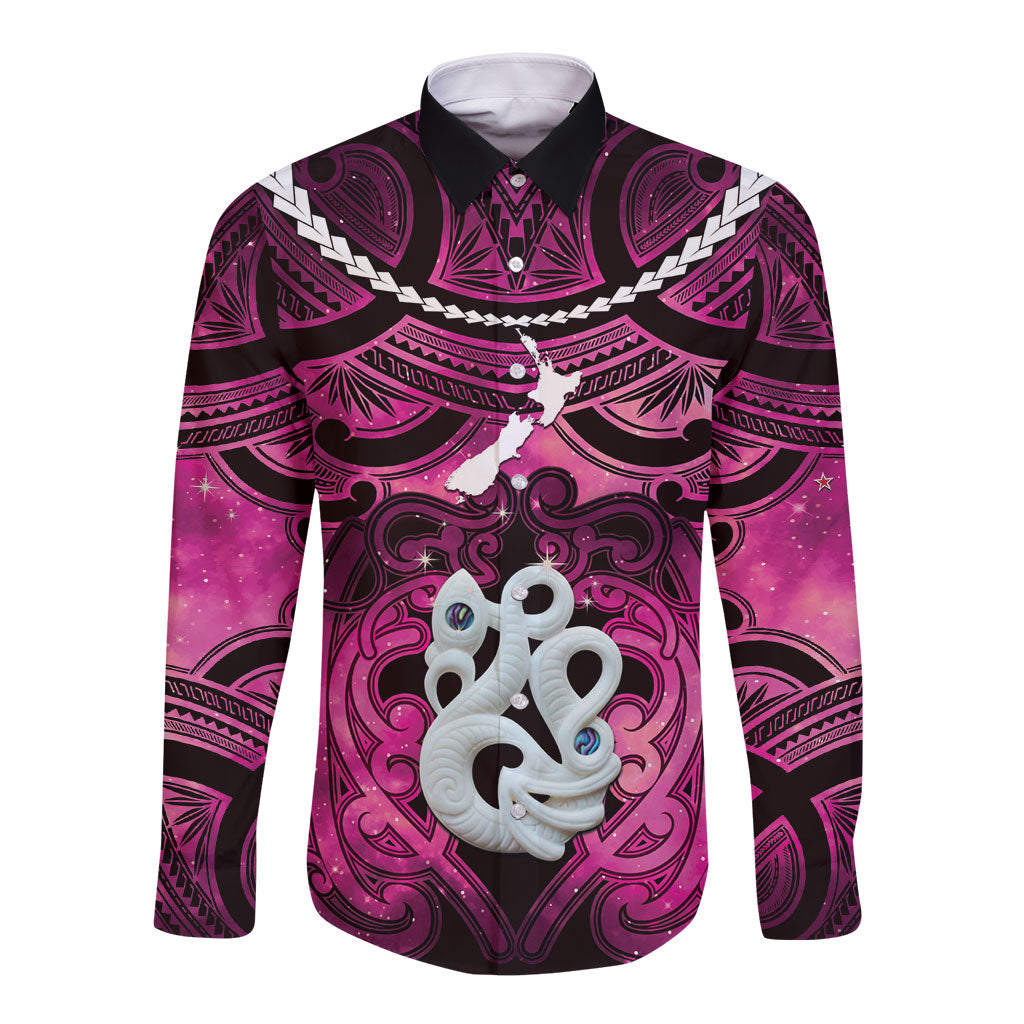 Personalised Maori Matariki Manaia Mawhero Long Sleeve Button Shirt Maori Kowhaiwhai Pattern Galaxy LT01 Unisex Pink - Polynesian Pride