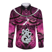 Personalised Maori Matariki Manaia Mawhero Long Sleeve Button Shirt Maori Kowhaiwhai Pattern Galaxy LT01 Unisex Pink - Polynesian Pride