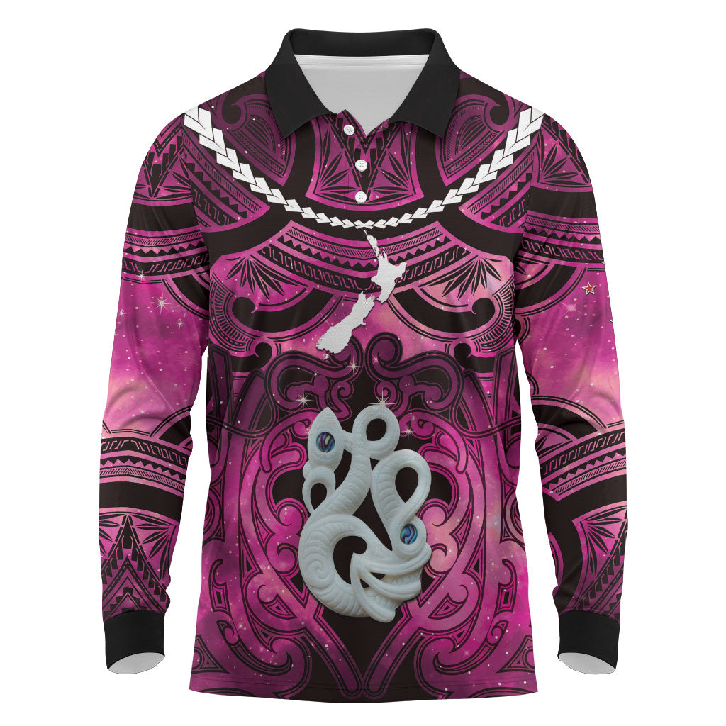 Personalised Maori Matariki Manaia Mawhero Long Sleeve Polo Shirt Maori Kowhaiwhai Pattern Galaxy LT01 Pink - Polynesian Pride
