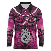 Personalised Maori Matariki Manaia Mawhero Long Sleeve Polo Shirt Maori Kowhaiwhai Pattern Galaxy LT01 Pink - Polynesian Pride