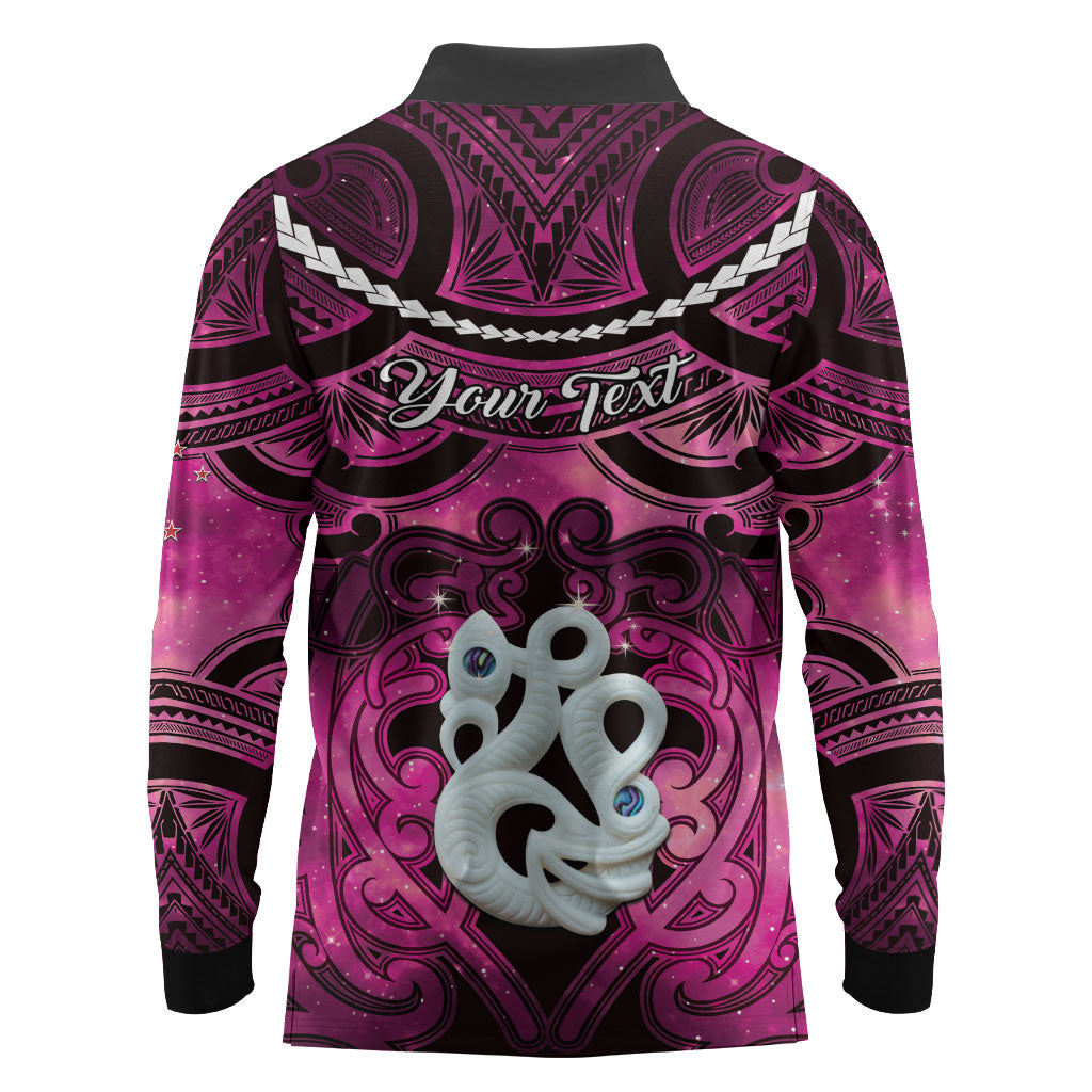 Personalised Maori Matariki Manaia Mawhero Long Sleeve Polo Shirt Maori Kowhaiwhai Pattern Galaxy LT01 - Polynesian Pride