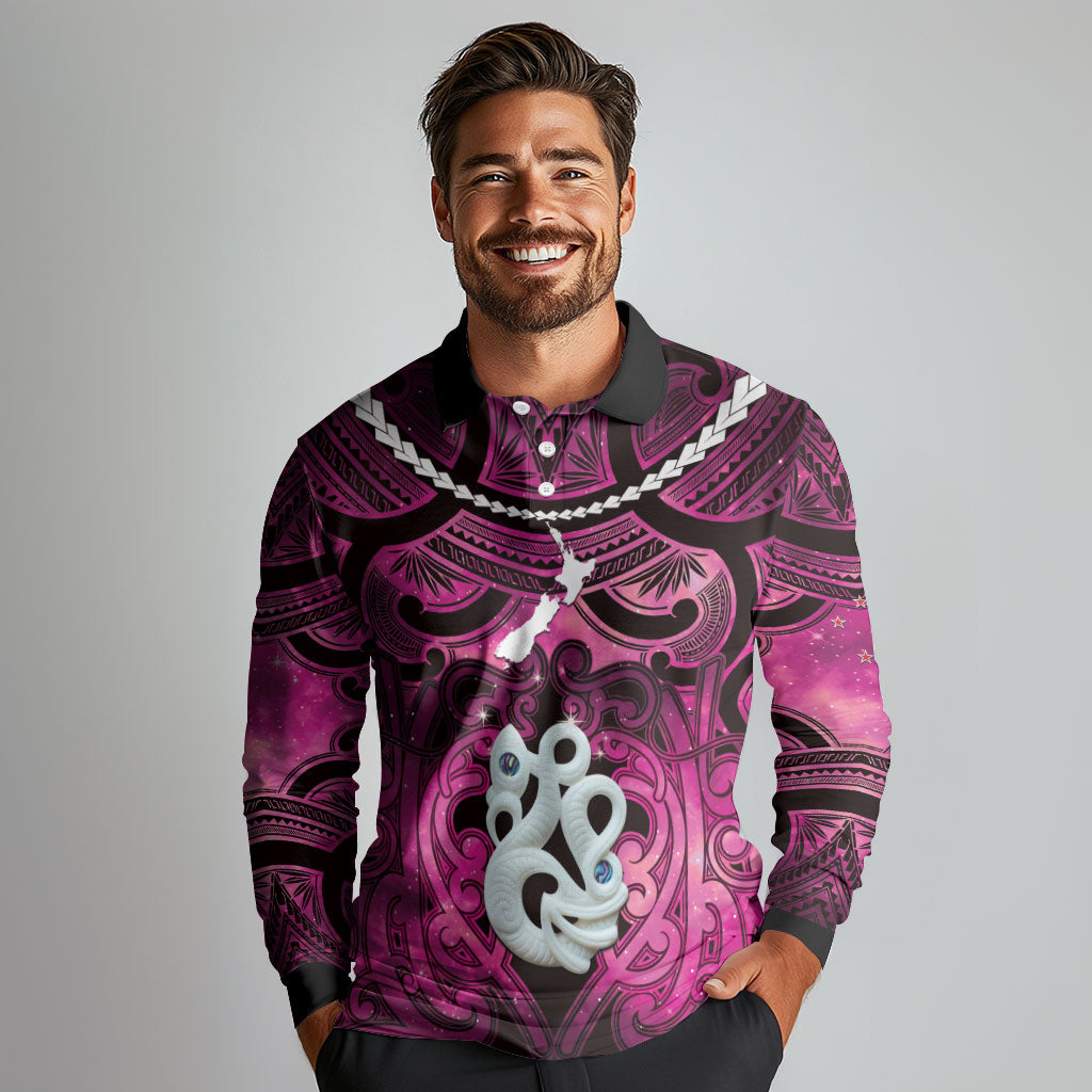 Personalised Maori Matariki Manaia Mawhero Long Sleeve Polo Shirt Maori Kowhaiwhai Pattern Galaxy LT01 - Polynesian Pride