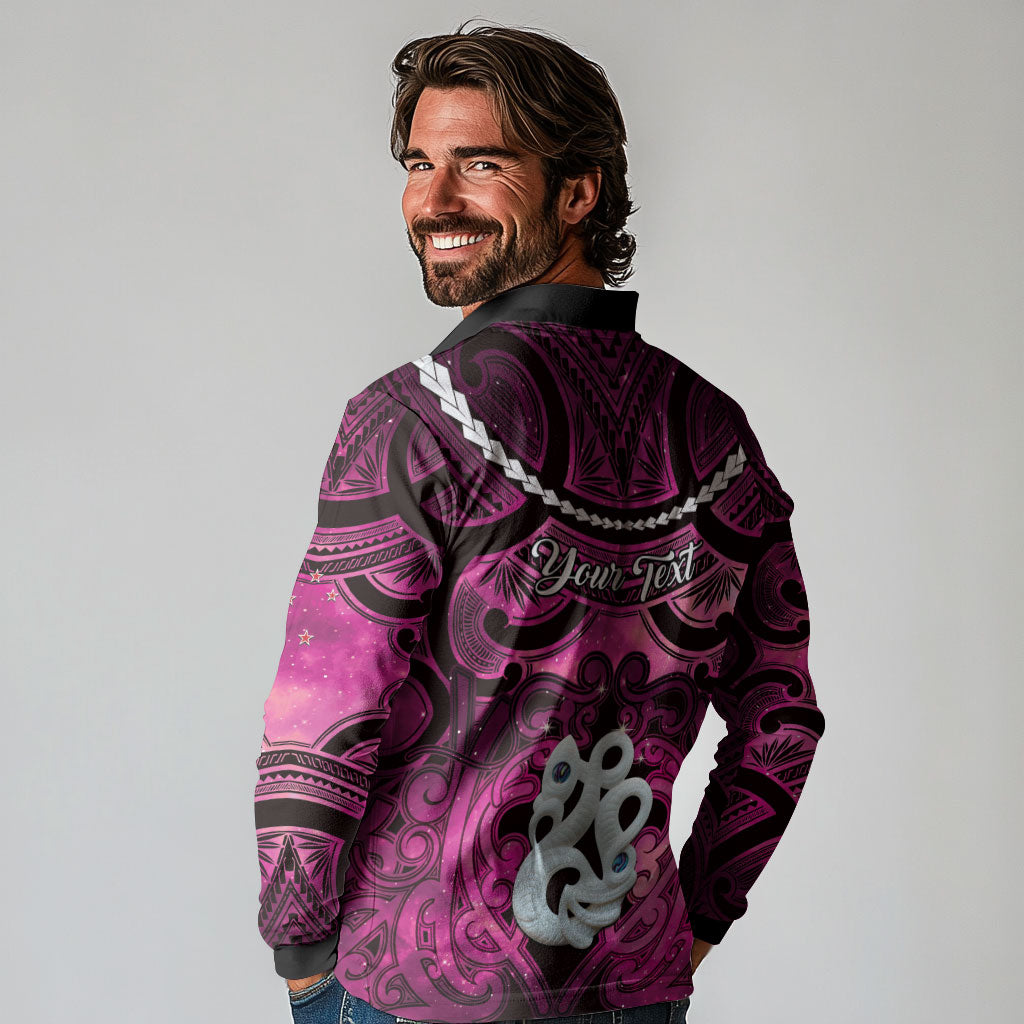 Personalised Maori Matariki Manaia Mawhero Long Sleeve Polo Shirt Maori Kowhaiwhai Pattern Galaxy LT01 - Polynesian Pride