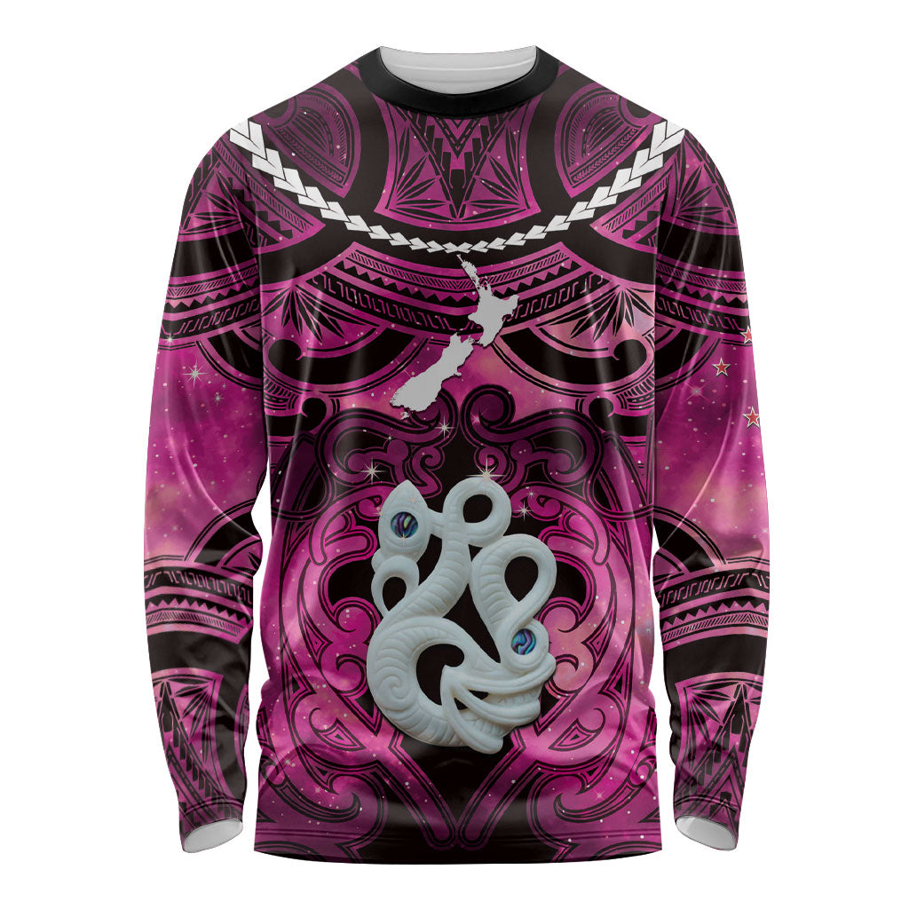 Personalised Maori Matariki Manaia Mawhero Long Sleeve Shirt Maori Kowhaiwhai Pattern Galaxy LT01 Unisex Pink - Polynesian Pride