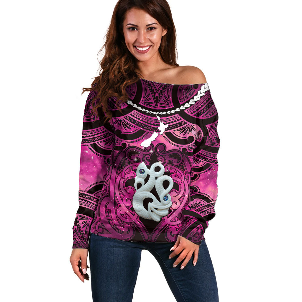 Personalised Maori Matariki Manaia Mawhero Off Shoulder Sweater Maori Kowhaiwhai Pattern Galaxy LT01 Women Pink - Polynesian Pride