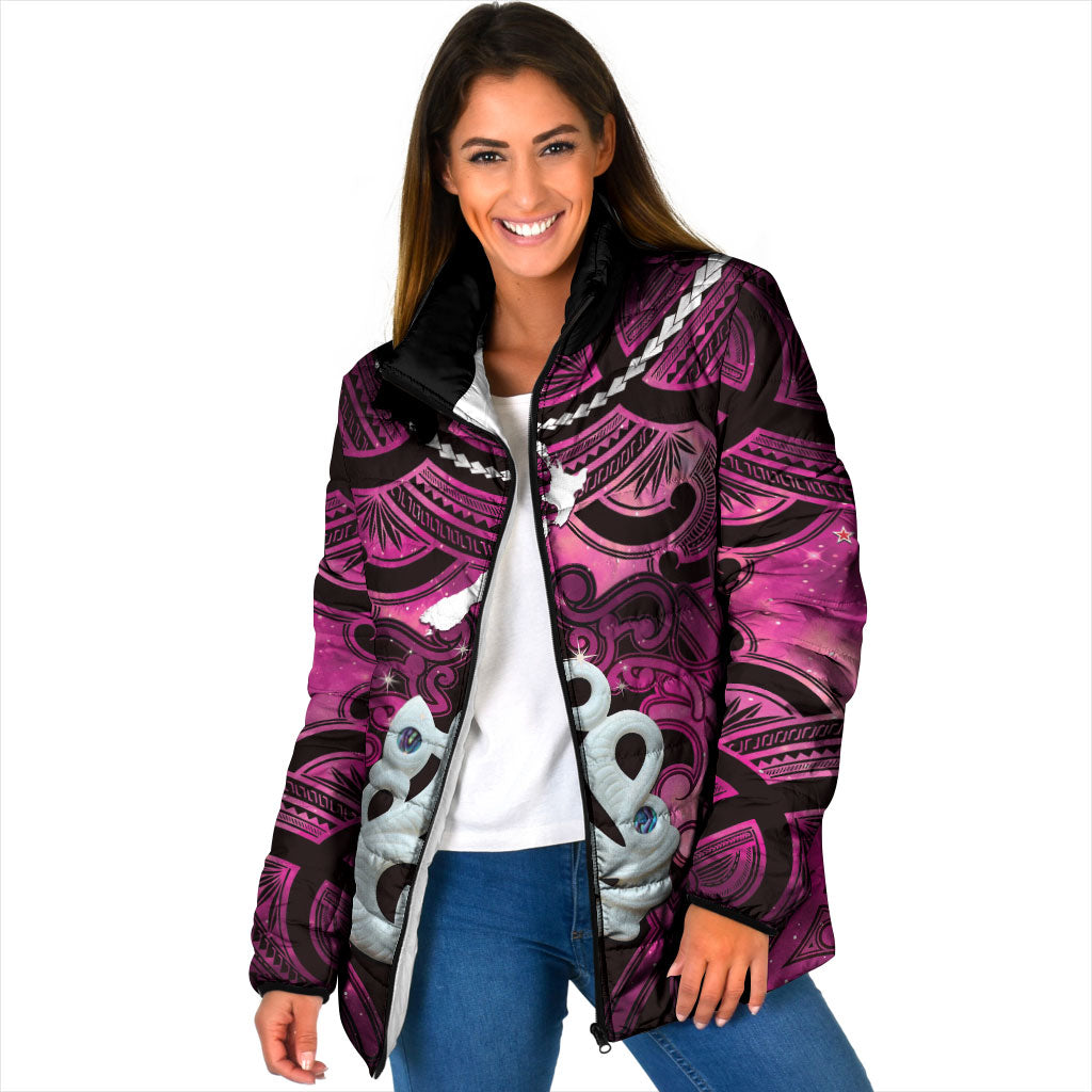 Personalised Maori Matariki Manaia Mawhero Padded Jacket Maori Kowhaiwhai Pattern Galaxy LT01 Women Pink - Polynesian Pride
