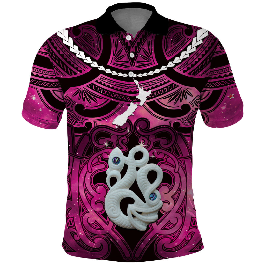 Personalised Maori Matariki Manaia Mawhero Polo Shirt Maori Kowhaiwhai Pattern Galaxy LT01 Pink - Polynesian Pride
