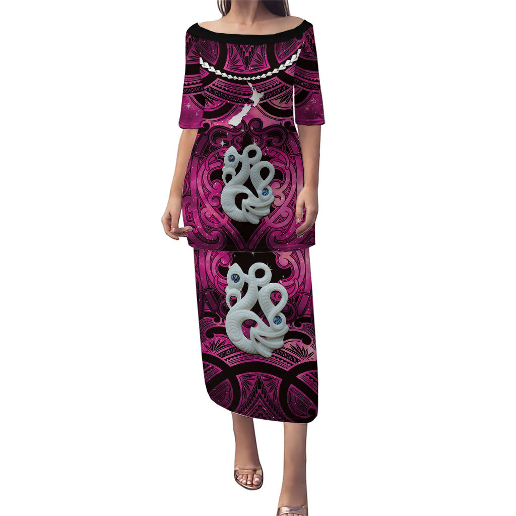Personalised Maori Matariki Manaia Mawhero Puletasi Maori Kowhaiwhai Pattern Galaxy LT01 Long Dress Pink - Polynesian Pride