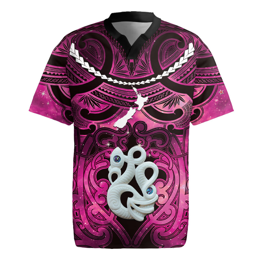 Personalised Maori Matariki Manaia Mawhero Rugby Jersey Maori Kowhaiwhai Pattern Galaxy LT01 Pink - Polynesian Pride
