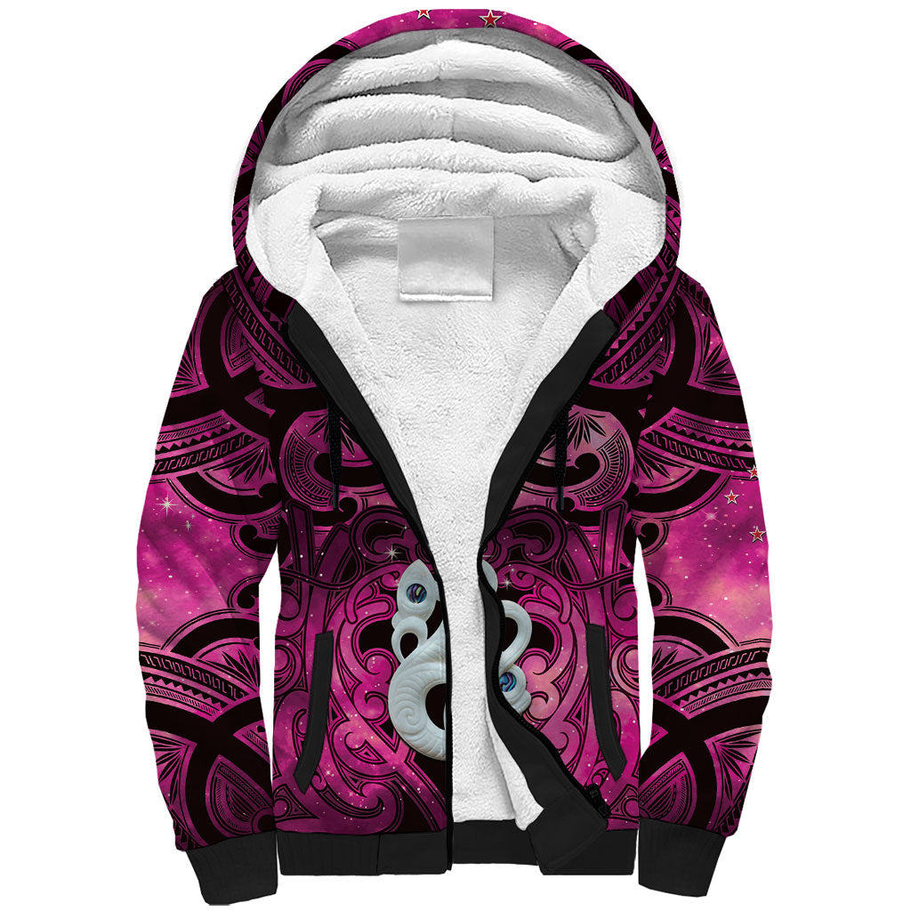 Personalised Maori Matariki Manaia Mawhero Sherpa Hoodie Maori Kowhaiwhai Pattern Galaxy LT01 Unisex Pink - Polynesian Pride