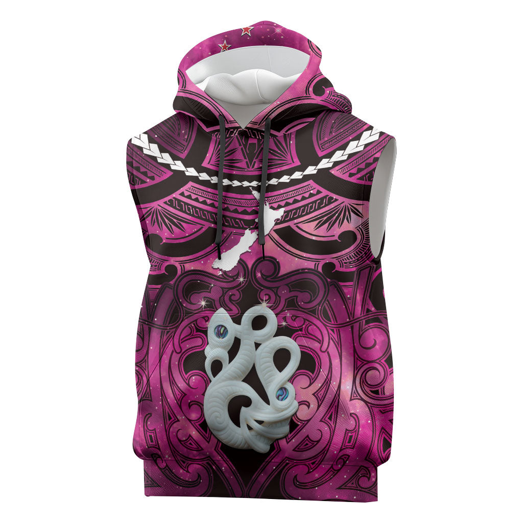 Personalised Maori Matariki Manaia Mawhero Sleeveless Hoodie Maori Kowhaiwhai Pattern Galaxy LT01 Pink - Polynesian Pride