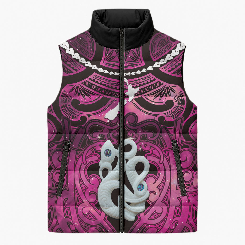 Personalised Maori Matariki Manaia Mawhero Sleeveless Puffer Jacket Maori Kowhaiwhai Pattern Galaxy LT01 Unisex Pink - Polynesian Pride