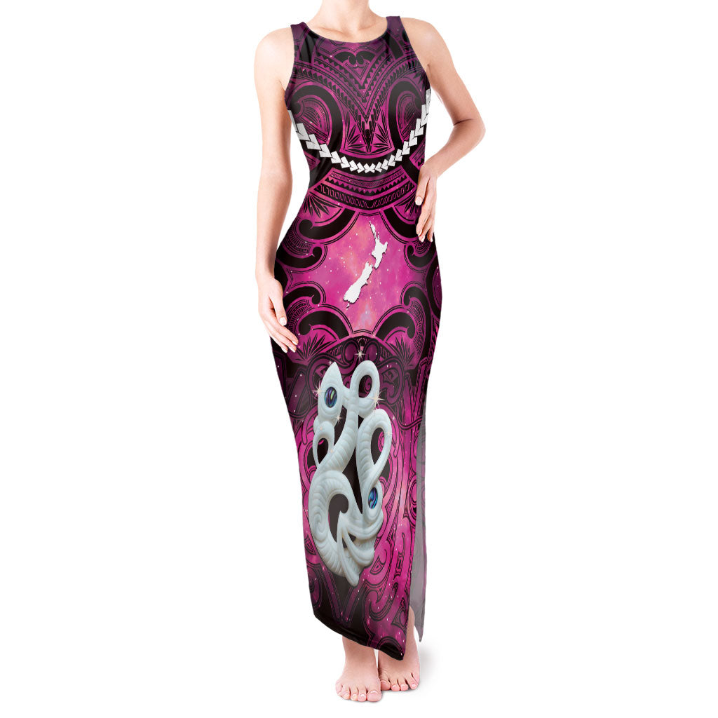 Personalised Maori Matariki Manaia Mawhero Tank Maxi Dress Maori Kowhaiwhai Pattern Galaxy LT01 Women Pink - Polynesian Pride