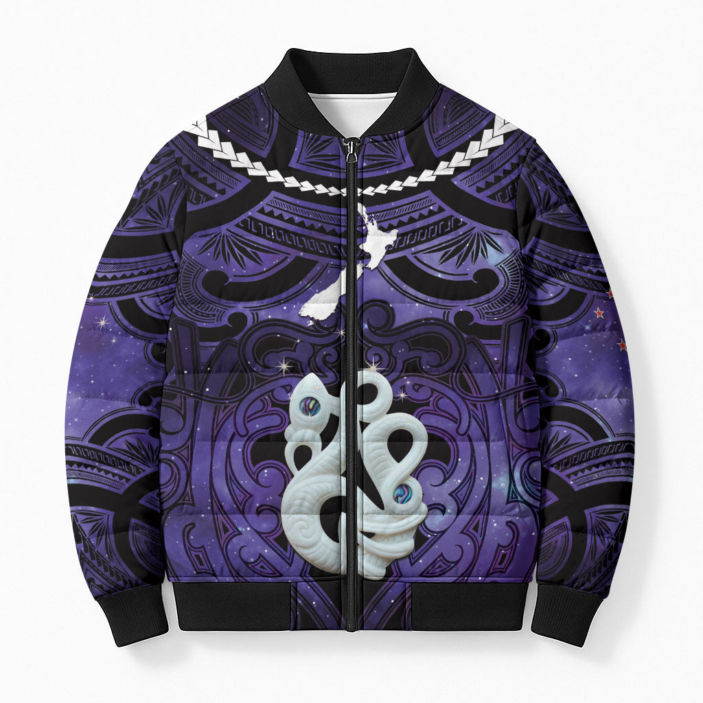 Personalised Maori Matariki Manaia Waiporoporo Bomber Puffer Jacket Maori Kowhaiwhai Pattern Galaxy LT01 Unisex Purple - Polynesian Pride