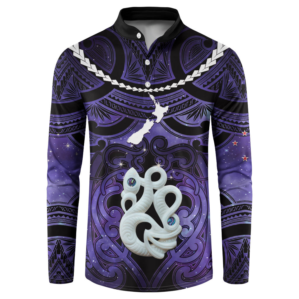 Personalised Maori Matariki Manaia Waiporoporo Button Sweatshirt Maori Kowhaiwhai Pattern Galaxy LT01 Purple - Polynesian Pride