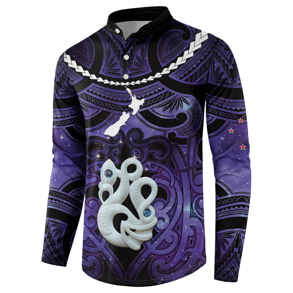Personalised Maori Matariki Manaia Waiporoporo Button Sweatshirt Maori Kowhaiwhai Pattern Galaxy LT01 - Polynesian Pride
