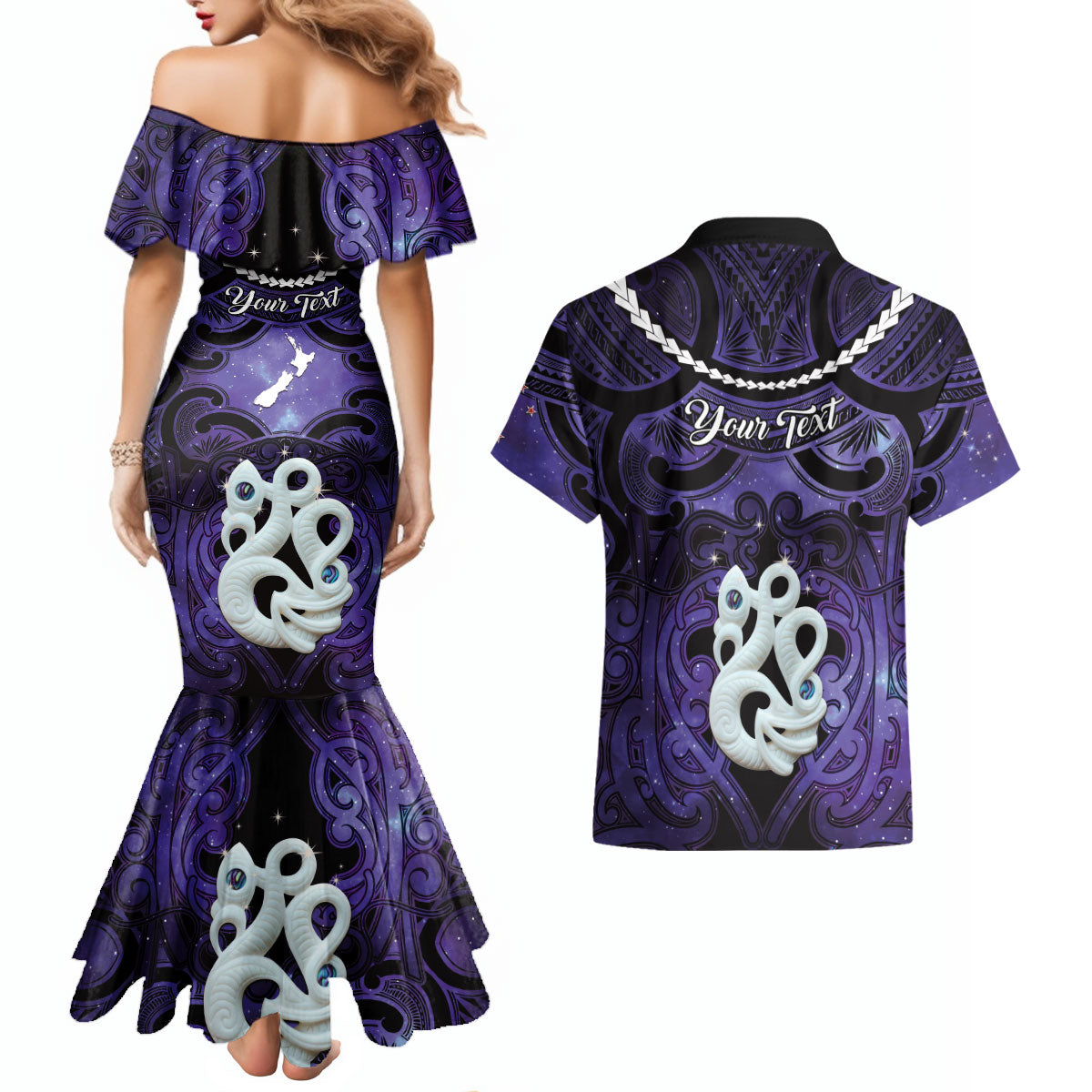 Personalised Maori Matariki Manaia Waiporoporo Couples Matching Mermaid Dress and Hawaiian Shirt Maori Kowhaiwhai Pattern Galaxy