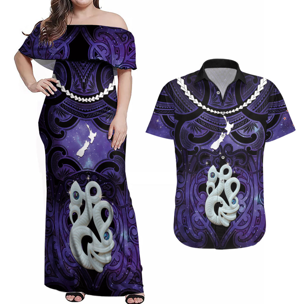 Personalised Maori Matariki Manaia Waiporoporo Couples Matching Off Shoulder Maxi Dress and Hawaiian Shirt Maori Kowhaiwhai Pattern Galaxy