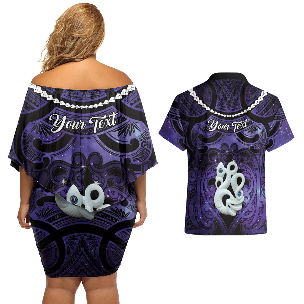 Personalised Maori Matariki Manaia Waiporoporo Couples Matching Off Shoulder Short Dress and Hawaiian Shirt Maori Kowhaiwhai Pattern Galaxy