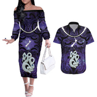 Personalised Maori Matariki Manaia Waiporoporo Couples Matching Off The Shoulder Long Sleeve Dress and Hawaiian Shirt Maori Kowhaiwhai Pattern Galaxy